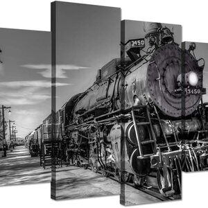 NIB 4 Panel Train Canvas Wall Art Vintage Black and White Steam Train Coal Burni